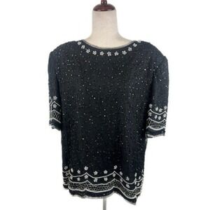 Laurence Kazar Top Blouse Black 100% Silk Beaded Sequin Women's Plus Size 2X‎